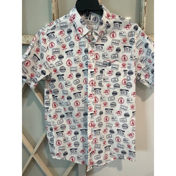 Southern Proper size small men’s button down shirt with postage stamps - Picture 1 of 3